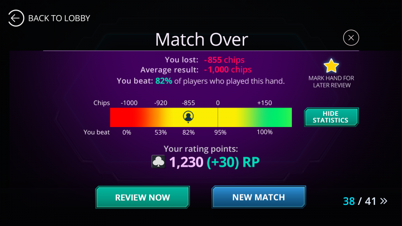 "Match Over" demo screen for Match Poker Online